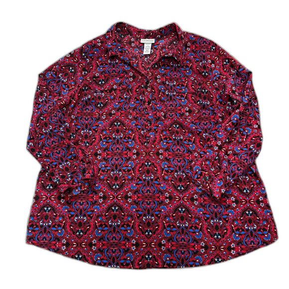 Catherines Button Up Camp Shirt Red Funky‎ Floral Print Classic Plus Size 1X - Picture 1 of 4